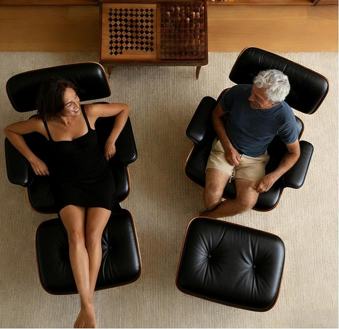 Mid-Century Genuine Top Grain Leather Chaise Lounge Chair & Ottoman, Walnut Wood Base, Modern Classic Design for Living Room & Office