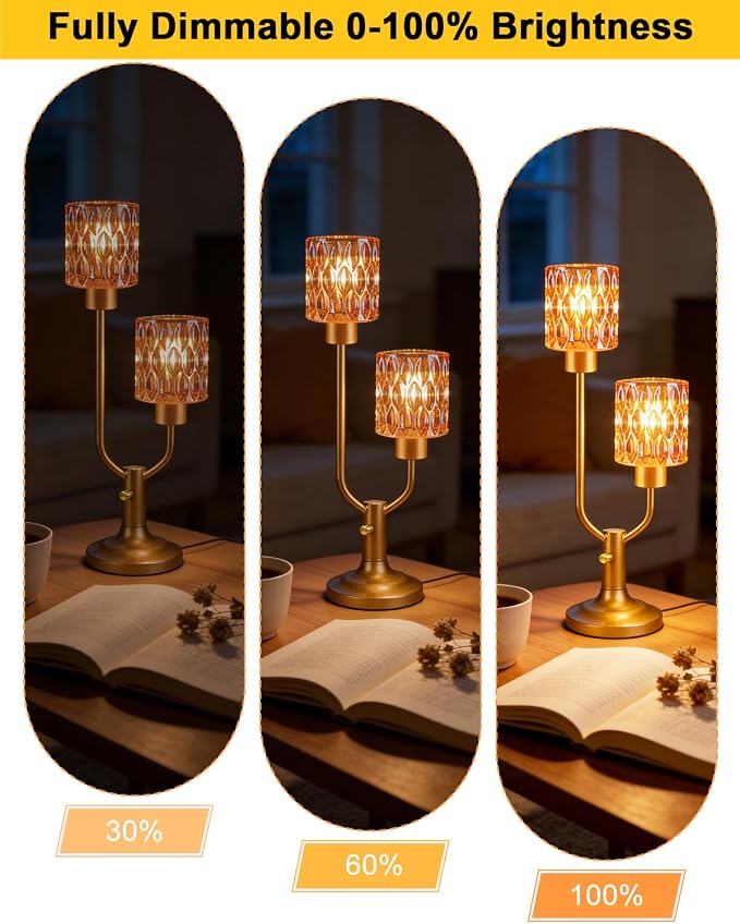 Lightdot Mid Century Modern Table Lamp for Living Room Dimmable Nightstand Lamp Amber Glass Vintage Gold Desk Lamp 2 Bulbs Included Warmwhite Ambient Bedside Lamps for Bedroom Home Office Decor Gift