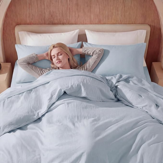 100% Washed Cotton Duvet Cover King Size – Light Blue, Linen-Like Texture, Super Soft & Breathable Bedding Set, 3-Piece Durable Percale Comforter Cover