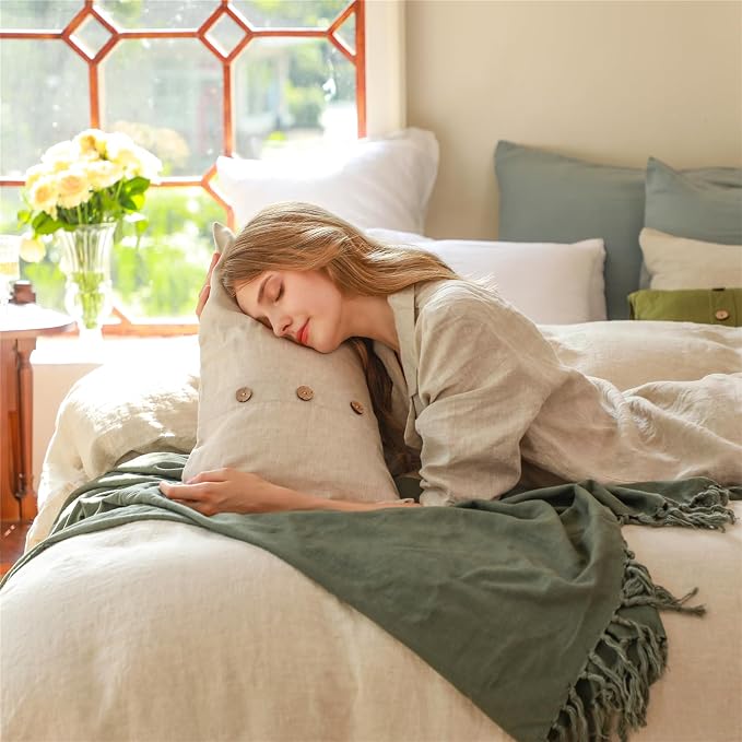 Simple&Opulence 100% Linen Lumbar Pillow Cover 12 x 20 Inch Set of 2 Rectangular Decorative Pillow Cover with Vintage Triple Coconut Button for Couch Sofa Bed Living Room Office Décor - Linen