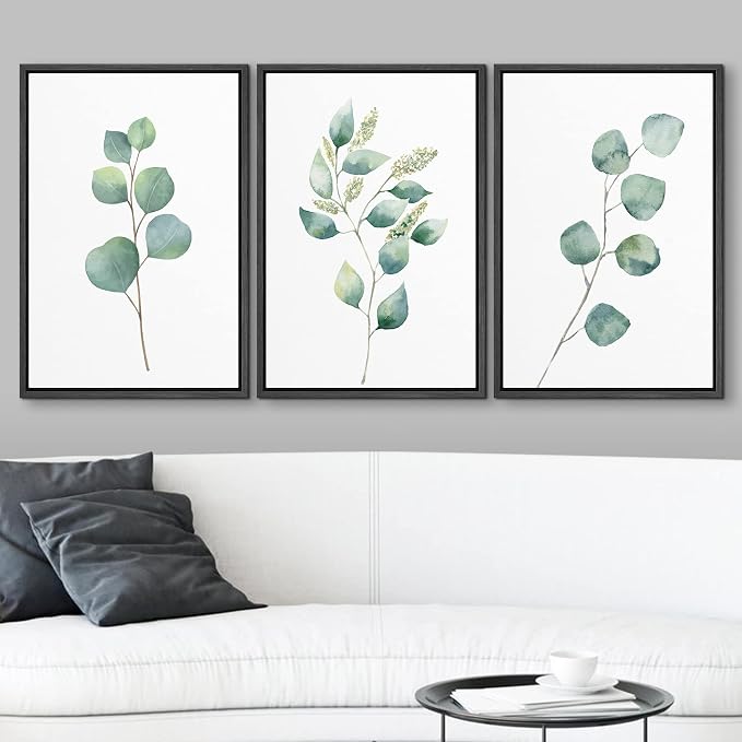 wall26 Canvas Print Wall Art Set Green Watercolor Forest Leaf Collage Nature Floral Illustrations Realism Rustic Scenic Colorful Wilderness for Living Room, Bedroom, Office - 24"x36"x3 Black