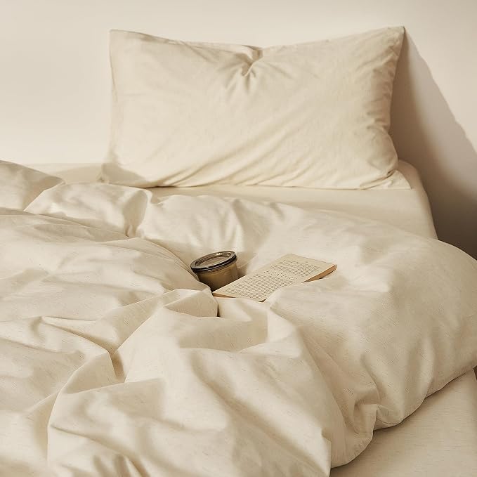 mixinni 3 Piece Washed Cotton Linen Blend Duvet Cover Set King Size, Soft Breathable Farmhouse Beige Neutral Solid Duvet Cover with Natural Linen Texture, 104x90 inches with 2 Pillowcases