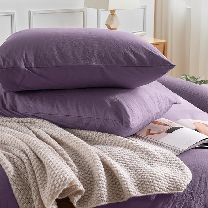 NEXHOME PRO Twin Duvet Cover Set, 100% Washed Cotton with Linen-Like Texture, Natural Organic, Breathable & Comfortable, Includes Home Bedding Set Dusty Purple (No Comforter) 6890