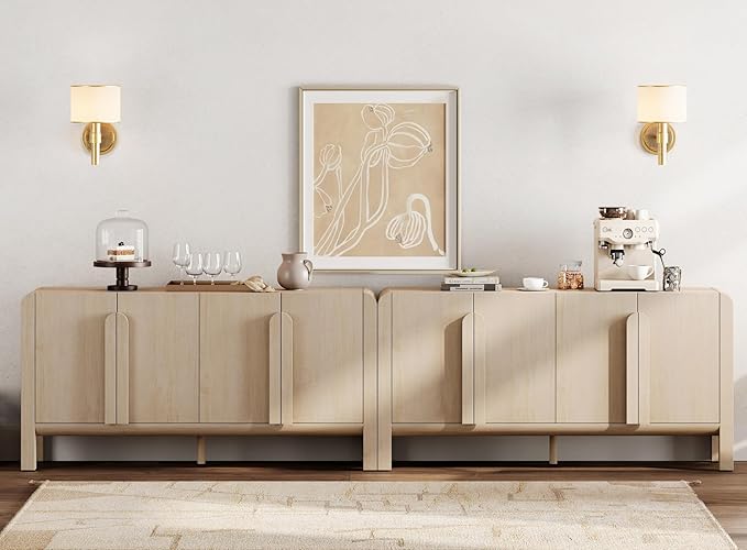 WAMPAT 126" W Large Buffet Sideboard Cabinet with Storages, Modern Buffet Table Coffee Bar Wine Bar Storage Curved Cabinet with 8 Doors for Dining Room, Living Room, Kitchen, Light Oak