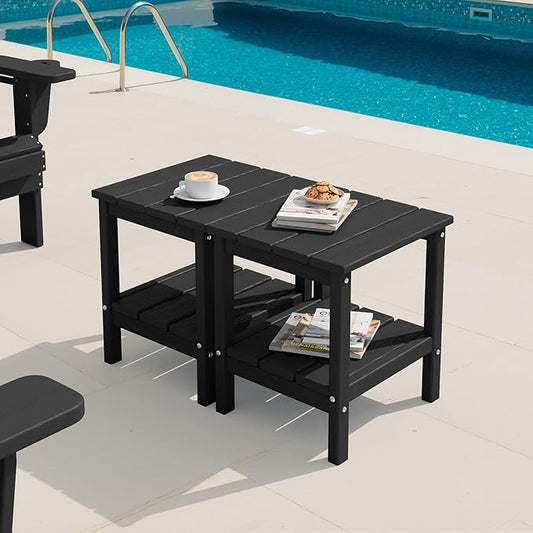SERWALL 2-Tier HDPE Outdoor Side Tables Set of 2, Weatherproof Rectangular Adirondack Side Table, Black