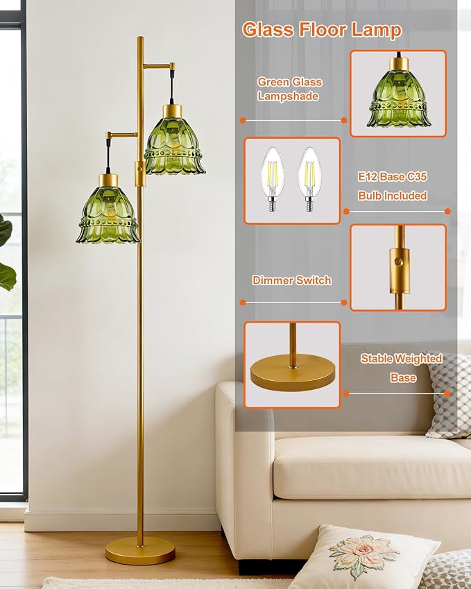 2-Light Modern Glass Floor Lamp, Gold Tall Standing Lamp with Green Lace Glass Shade for Reading, Dimmable LED Floor Lamp with 5Lbs Heavy Base for Living Room Bedroom Home Decor, Bulb Included