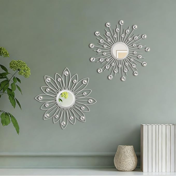 2 Pack Metal Mirrors for Wall Boho Sunburst Wall Mirror Home Decor Modern Decorative Wall Art for Bedroom Living Room Entryway