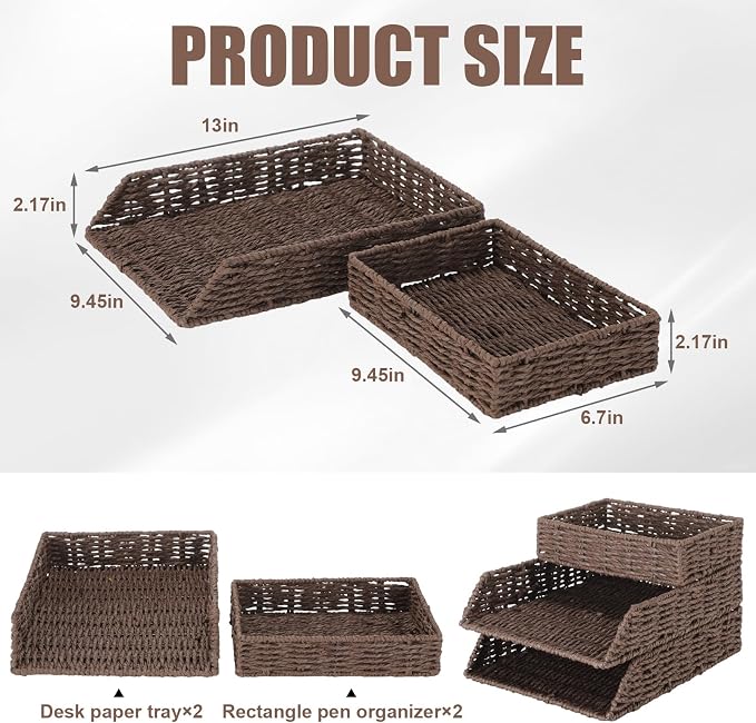 Geelin 3 Pack Paper Rope Woven Stackable Desk Organizer Letter Tray, Brown Tabletop Desk Basket for Storage Paper Letter Folders Notebooks Copy Print, Workspace Holder