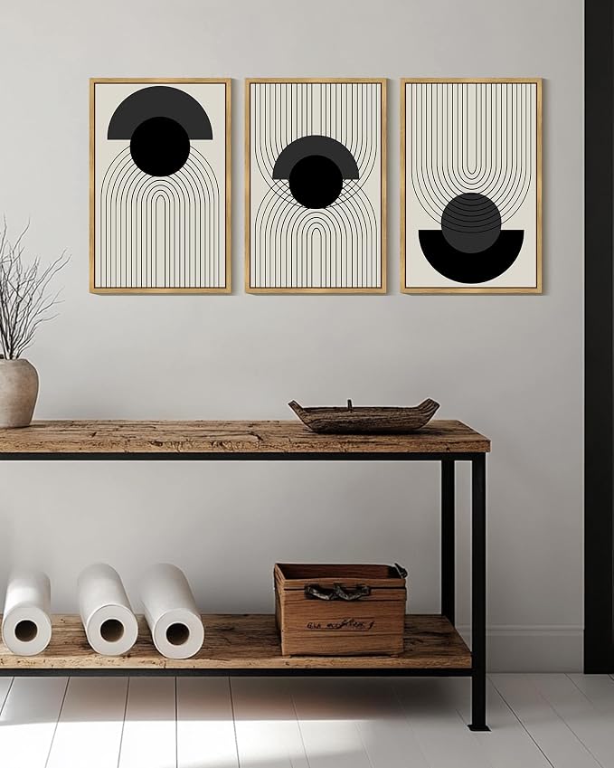 Drsoum Black Boho Wall Art Framed Modern Decor Bohemian Wall Decor Abstract Geometry Lines Prints Ready to Hang 16x24in Natural Framed