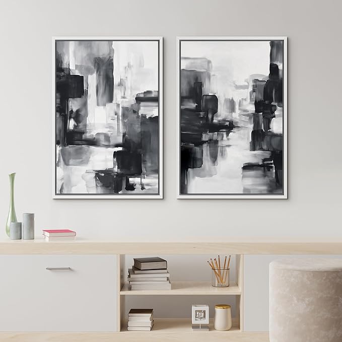 IDEA4WALL Framed Canvas Print Wall Art Set Black and White Urban Abstract Bold Monochrome Brushstroke Illustrations Modern Art Decorative Calm/Zen for Living Room, Bedroom, Office - 16"x24"x2 White