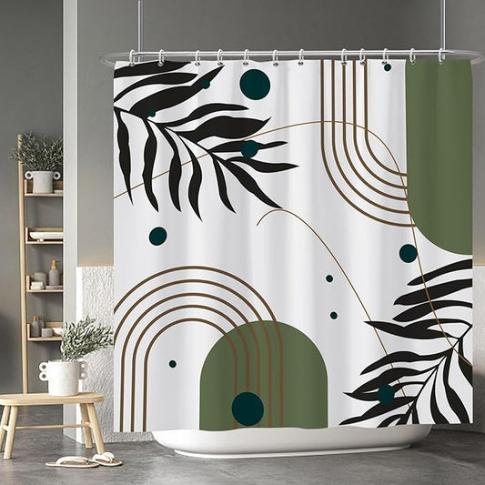 Baocicoo Mid Century Boho Shower Curtain Botanical Abstract Green Leaf Shower Curtain for Bathroom Hostel Hotel Cubicle Bathtub Decor Durable Waterproof Curtain for Bathroom with Hooks 72x72 Inches