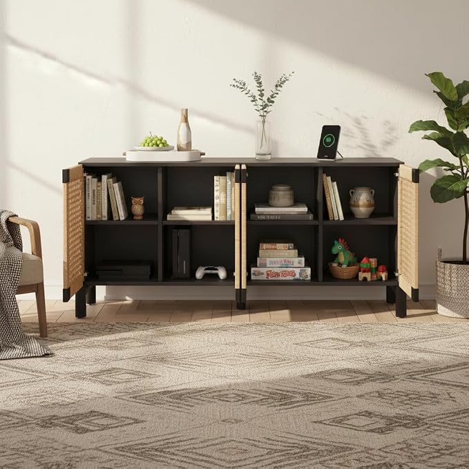 Modern Farmhouse Sideboard Buffet Cabinet 65.6’’ Boho Credenza Coffee Bar Console with Handwoven Paper Rope Doors, Storage Accent Cabinet for Living Room, Hallway & Kitchen, Black