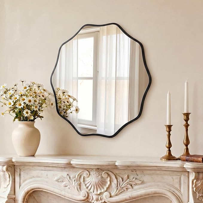 PERFNIQUE Black Scalloped Mirror, 24'' Round Wall Mirrors Wavy Wood Framed for Bathroom Nursery Bedroom Living Room Entryway, Decorative Modern Wall Decor