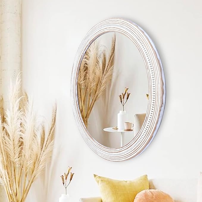 Reflinto 30 Inch Wood Framed Boho Round Mirror for Bathroom, Rustic Farmhouse Decorative Wall Mirrors for Over Sink, Living Room, Foyer, Entryway, Hallway