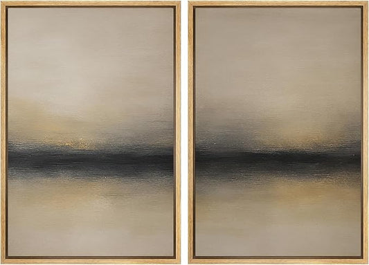 MUDECOR Framed Canvas Print Wall Art Abstract Sunset Horizon Modern Minimalist Beige and Black Illustrations Modern Art Decorative Bohemian for Living Room, Bedroom, Office - 24"x36"x2 Natural