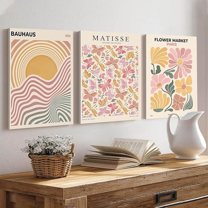 BingruiArt Boho Abstract Wall Art Yellow Canvas Flower Market Posters Set of 3 Bauhaus Pictures Matisse Print Floral Aesthetic Painting Decor for Dorm Living Room Bedroom 12"x16" Framed