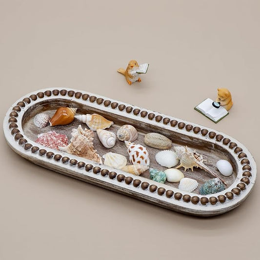 Wood Serving Tray, Wooden Bead Decorative Tray, White Washed Coffee Table Tray for Ottoman, Rustic Distressed Decor for Home, Kitchen, Farmhouse (Natural Wood)