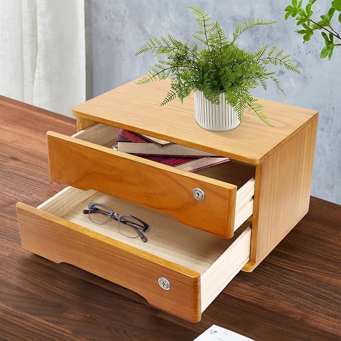 Desktop File Organizer with Lock, 2/3/4 Tier Multi-Drawer Wooden Storage Cabinet, Office Supply Organizer for Home Desk, Study & Workplace (Brown, 2 Layers)