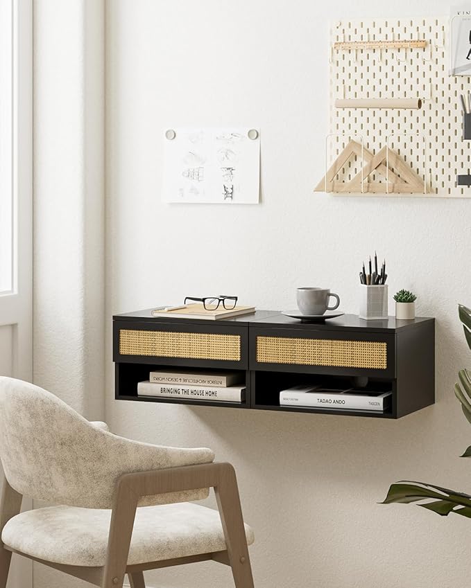 Floating Nightstand With Drawer - Small Modern Shelves for Bedroom, Bathroom (Black Rattan)