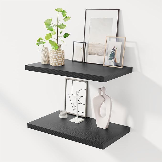 Dreamland 24" Floating Shelves for Wall, 12" Deep Slim Black Floating Shelves, Wall-Mounted Shelves for Bedroom, Living Room, Kitchen, Bathroom - Set of 2