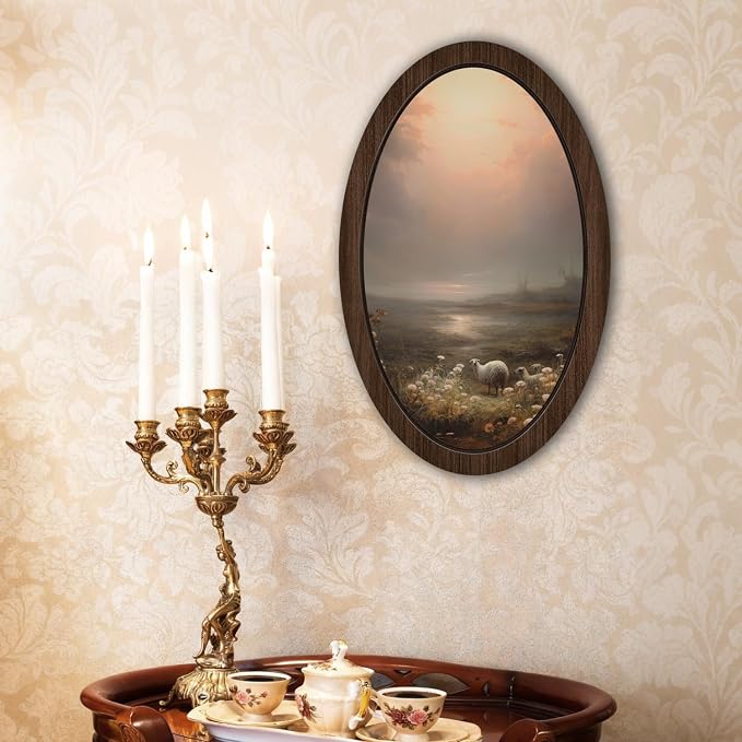 UYIKG Vintage Farmhouse Sheepa Oval Wall Art Decor,Rustic Cottagecore Lambs Floral Oval Wooden Framed Decor for Home Bedroom Theme Room Reading Room 9x14.6 in