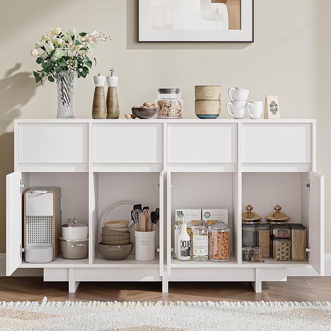 CHUWELL 55" Sideboard Buffet Cabinet with 4 Sliding Doors and 4 Drawers,Minimalist Linear Design & Handleless Design,Side Board with Adjustable Shelf for Living Room,White