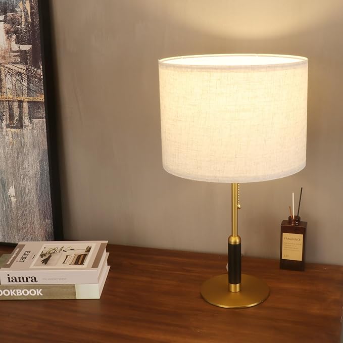 21" Set of 2 Mid Century Modern Table Lamp with Pull Chain Switch, 3-Color Bedside Lamps for Bedroom Living Room, Solid Wood/Metal/Fabric Nightstand Lamp for Home Office (Light Brown+Brass)