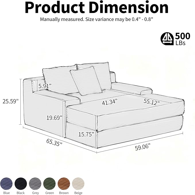 Boneless Chaise Lounge Chair Indoor, 59" W x 65" D Oversized Floor Cloud Sofa Bed, Premium Corduroy Fabric & Full 30D Memory Foam, Boneless Couch for Living Room, No Assembly Required,Grey