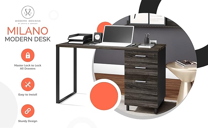 Modern Design Milano Office Computer Desk with 3 Locking Drawers, 48 Inch Grey and Black Industrial Wood Desk with Filing Drawer and Storage by Crafts and Comfort