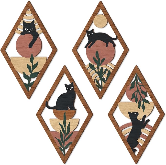 TOARTi 4Pcs Minimalist Boho Black Cat Wall Art Set Geometric Wooden Cat Wall Decor Bohemian Black Cats Hanging Sign Abstract Boho Cats Wood Sign for Bedroom Living Room Farmhouse Aesthetic Geometric Artwork