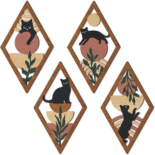 TOARTi 4Pcs Minimalist Boho Black Cat Wall Art Set Geometric Wooden Cat Wall Decor Bohemian Black Cats Hanging Sign Abstract Boho Cats Wood Sign for Bedroom Living Room Farmhouse Aesthetic Geometric Artwork