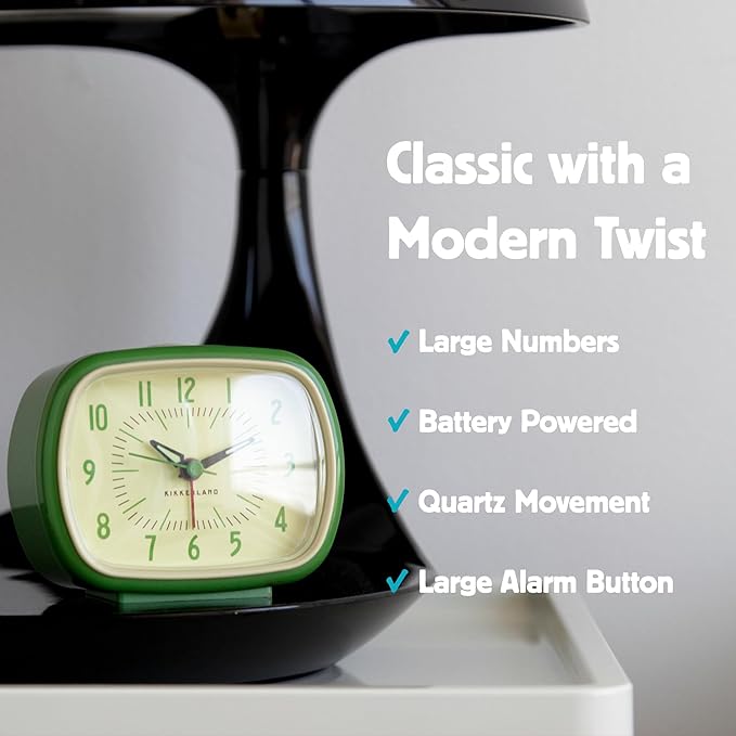 Kikkerland Retro Alarm Clock – Vintage Decor for Bedroom, Nightstand, Living Room, or Office – Battery Operated, Decorative Analog Clock, Green