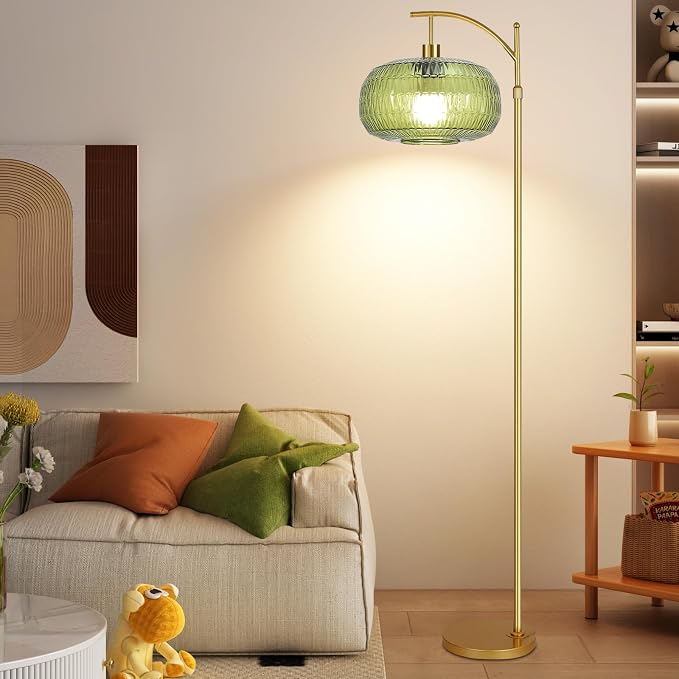 QIYIZM Green Floor Lamp for Living Room,Bedroom,Gold Dimmable Standing Lamp with Remote,Mid Century Modern Brass Tall Lamp Boho Floor Lamps Arc Stained Glass Floor Light Lamp Girls Bohemian