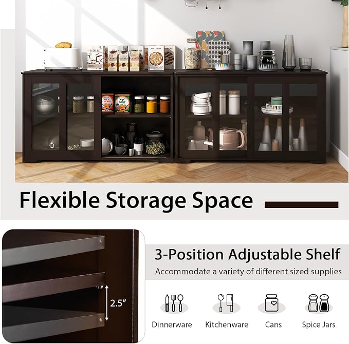 Byroce Sideboard Buffet Cabinet, Stackable Storage Coffee Bar Cabinet with Adjustable Shelf & Glass Sliding Doors, Wood Cupboard Credenza Console Table for Kitchen Dining Living Room (2, Coffee)