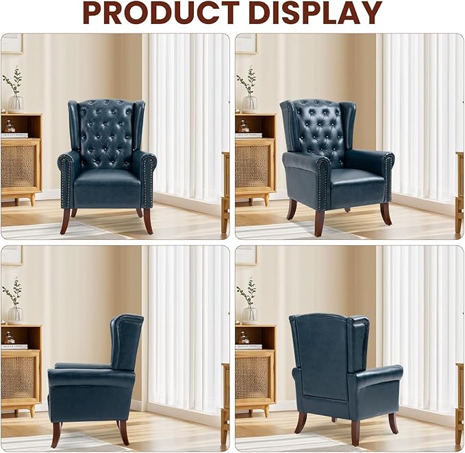 PU Leather Accent Chair Set of 2, Modern Upholstered Living Room Chair Sofa Chair with Wooden Legs, Wingback Armchair Club Chair for Bedroom,Study Room, Lounge (Dark Blue)