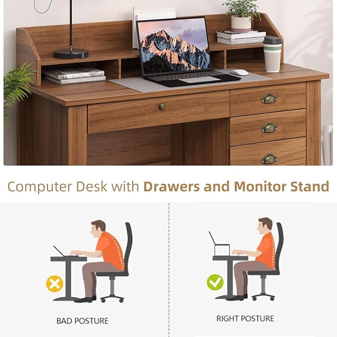 4 EVER WINNER Wooden Desk with Drawers, Small Desk with Monitor Stand and File Drawe, Writing Desk with Drawers for Bedroom Small Spaces, Walnut