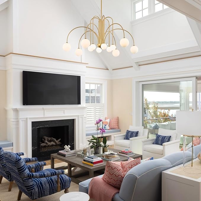 Large Gold Sputnik Chandelier Mid Century 12 Lights Modern L52” Milk Glass Globe Ceiling Pendant Light Fixture for High Ceiling Foyer Staircase Living Dining Room