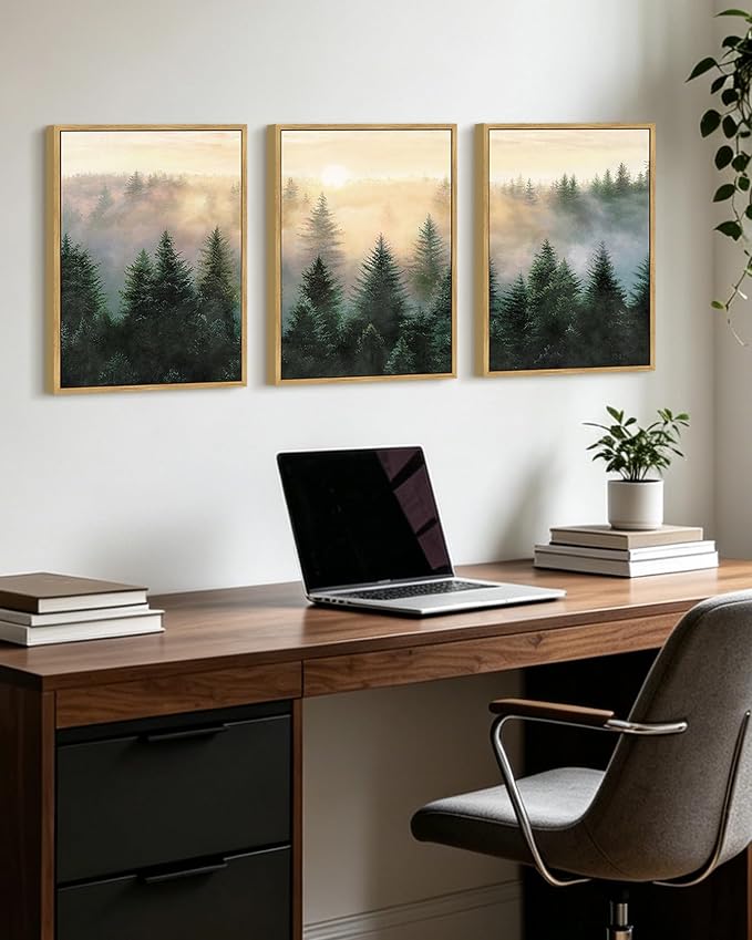KUVIOKE Sun Dawn Fog Pine Tree Framed Wall Art Morden Nature Nordic Forests Artwork Bedroom Decor 12x16in (Natural Framed)