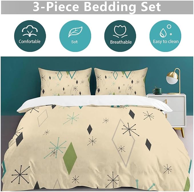 Modern Mid Century Duvet Cover, Vintage Geometry Bedding Sets Soft Comforter Cover，Aesthetic Abstract Art Bedding 3 Piece (1 Duvet Cover 90"x90" + 2 Pillow Sham 20"x30")
