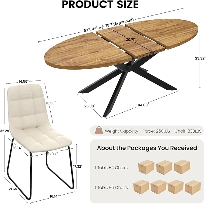 63"-78.7" Extendable Round Dining Table Set for 4, 5 Piece Mid Century Modern Oval Kitchen Table Set, Large Dining Table with 4 Dining Chairs for Living Room Space Saving（Walnut Table+4 Beige Chairs)