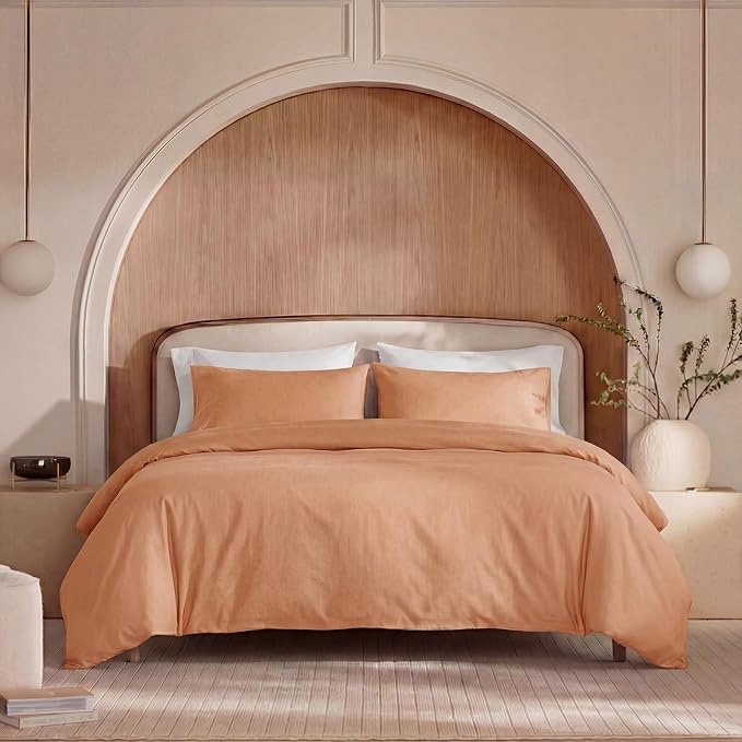 100% Washed Cotton Duvet Cover King Size – Burnt Orange, Linen-Like Texture, Super Soft & Breathable Bedding Set, 3-Piece Durable Percale Comforter Cover