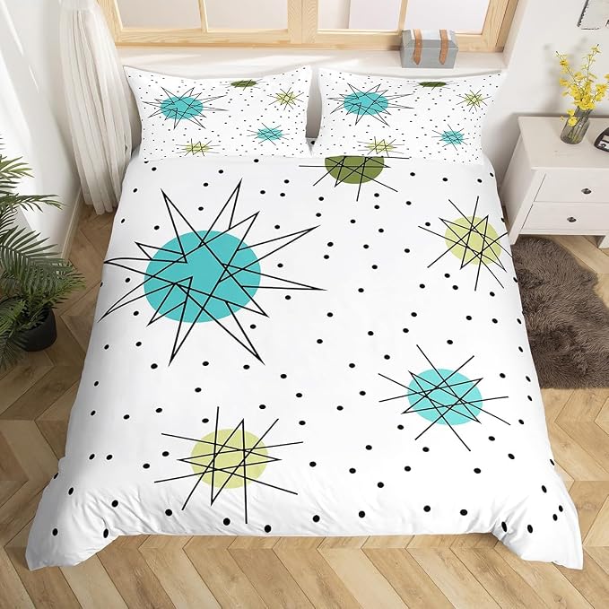 Erosebridal Geometric Polka Dots Duvet Cover Queen Modern Mid Century Bedding Set, Boho Minimalism Comforter Cover Hippie Atomic Bed Set, 1950s Old Fashion Bedding Super Cozy 3pcs (Zipper Closure)