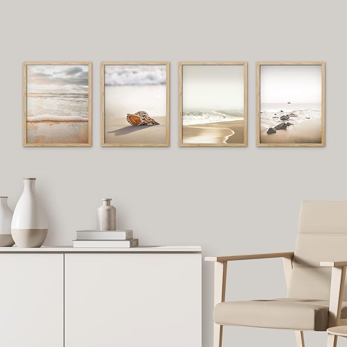 SIGNWIN Framed White Minimal Beach Shore Ocean Sea Seashell Wall Art, Set of 4 Landscape Colorful Wall Decor Prints, Nature Wilderness Wall Décor for Living Room, Bedroom - 12"x16" Natural