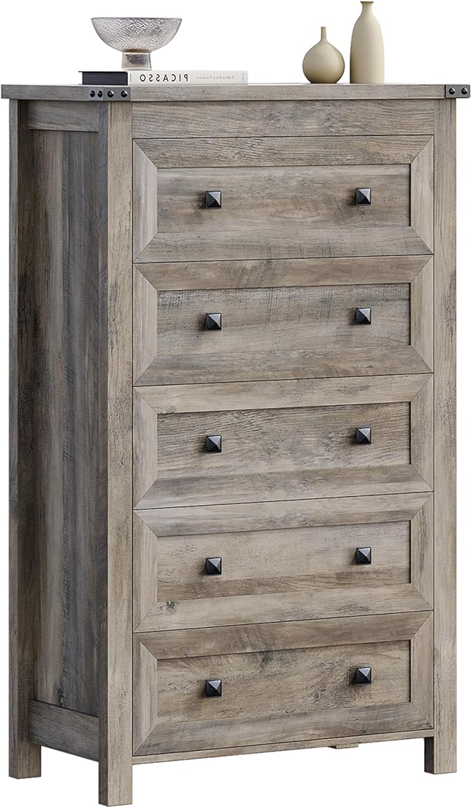 Grey Dresser Tall 5 Drawer Dresser for Bedroom, Wooden Dressers & Chests of Drawers with Metal Handles, Modern Storage Cabinet and Organizer Drawers for Living Room, Hallway, Gray