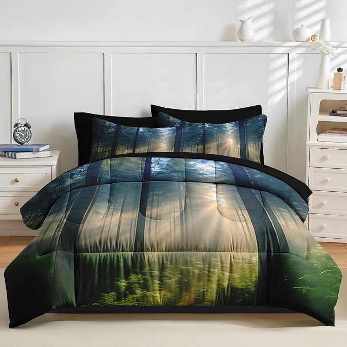 Nesker Comforter Set King Size, Sunlit Forest Nature 7 Pcs Bedding for Kids and Adults, Misty Tree Forest Bed Sheet Sets with Fitted Sheet 2 Pillowcases & 2 Shams