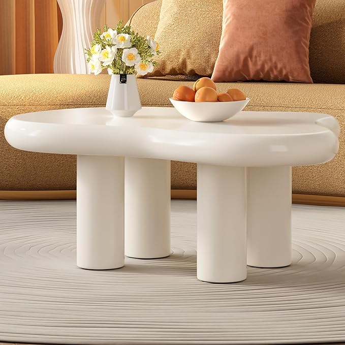 35.82" White Cloud Coffee Table, Modern Round Edge Coffee Table with 4 Sturdy Support Legs and 2.67" Thick Tabletop,Easy Match for Living Room, Bedroom, Balcony, Patio