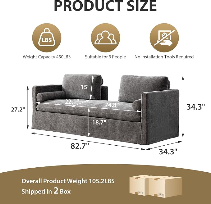 Chifee & Vingol 82.68" Oversized Chaise Lounge Indoor Modern Upholstered 2-Seater Daybed Sofa Bench with Pillows & Armrests Lounge Sleeper Sofa for Living Room Bedroom Office,Gray