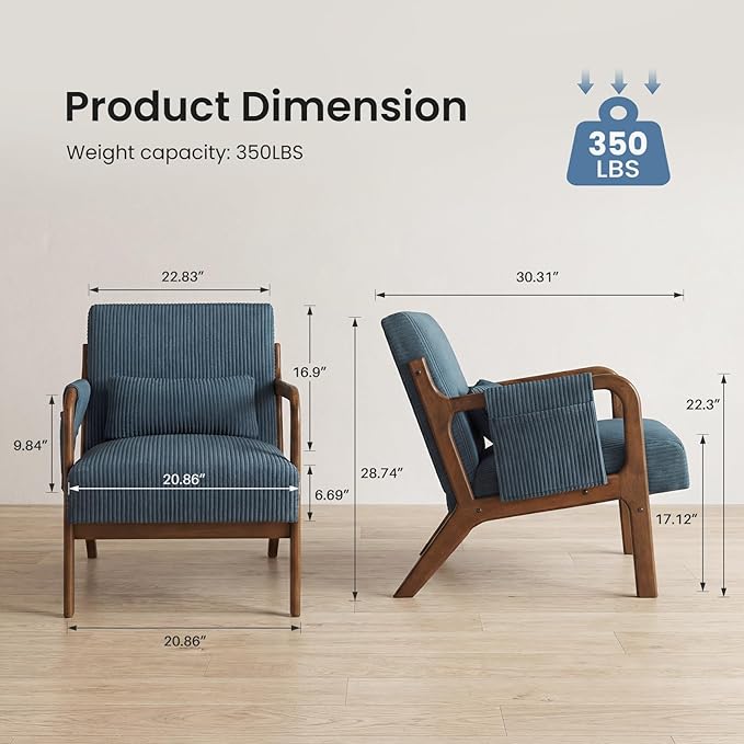 DUMOS Accent Chairs Set of 2, Mid Century Modern Accent Chair with Lumbar Pillow and Solid Wood Frame, Upholstered Armchair Reading Chair for Living Room, Bedroom, Navy Blue