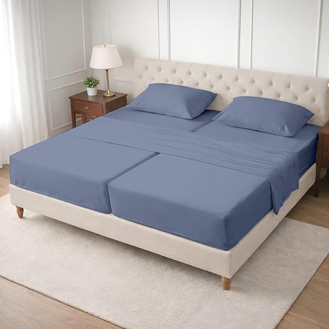 SGI Split King Sheet Set for Adjustable Bed Egyptian Premium Cotton 600 Thread Count Sheet for Sleep Number Bed 15" Deep Pocket 5 Pc Set with 2 Twin XL Fitted Sheets Soft Breathable Mediterranean Blue