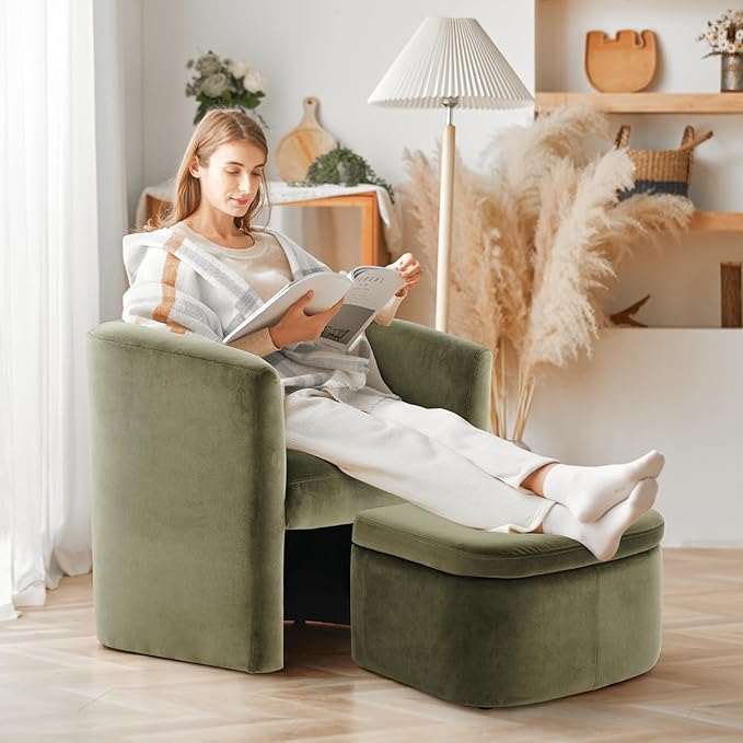 COLAMY Morden Velvet Living Room Side Chair with Storage Ottoman Set of 2, Single Sofa Armchair with Lounge Seat, Upholstered Barrel Accent Chair for Bedroom/Office/Reading Spaces, Green